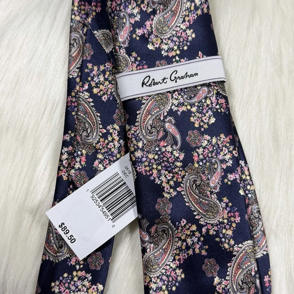 Robert Graham Men's Blue Multicolor Paisley & Floral  100% Silk Necktie Tie